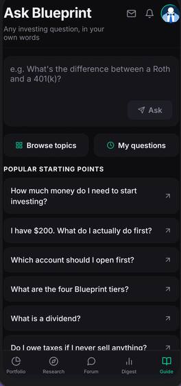 Ask Blueprint screen with a question box and popular starting points