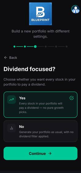Portfolio builder asking whether every holding should pay a dividend