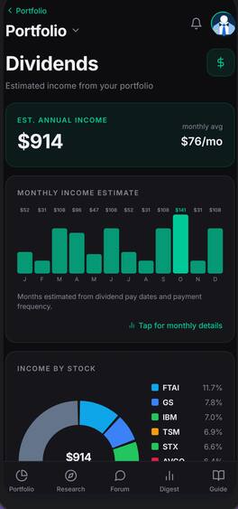 Dividend screen showing estimated annual and monthly income