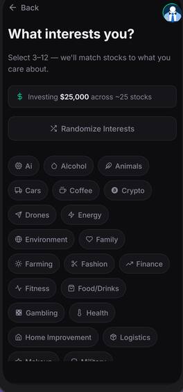 Interest picker with categories like AI, coffee, cars and energy