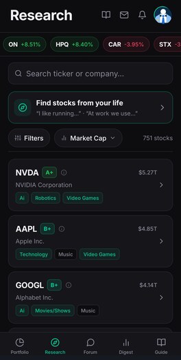 Research screen with Find stocks from your life, filters, letter grades and interest tags