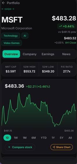 Company detail screen with price chart, market cap and valuation